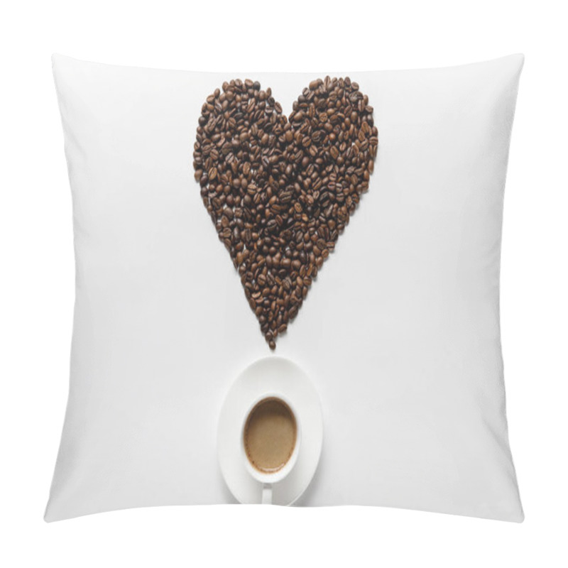 Personality  Top View Of Delicious Coffee In Cup On Saucer With Heart Made Of Coffee Grains On White Background Pillow Covers