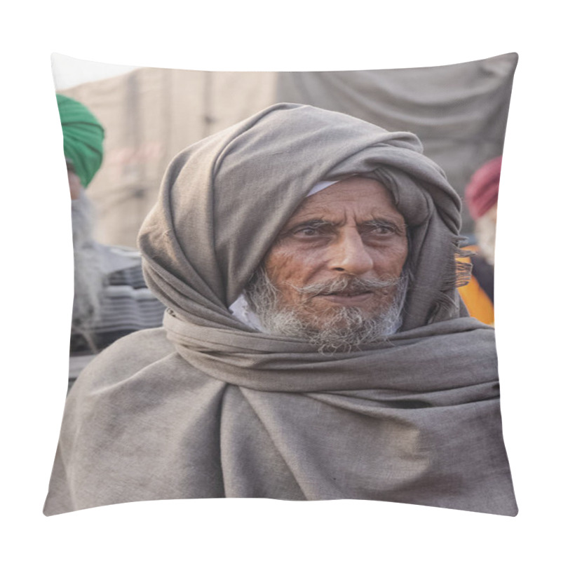 Personality  NEW DELHI, INDIA, DECEMBER 2020 : Portrait Of Indian Farmer From Punjab And Other States Participating In New Farm Law Bill Protest At Delhi-UP Border. Farmers From Across India Protest At Delhi. Pillow Covers