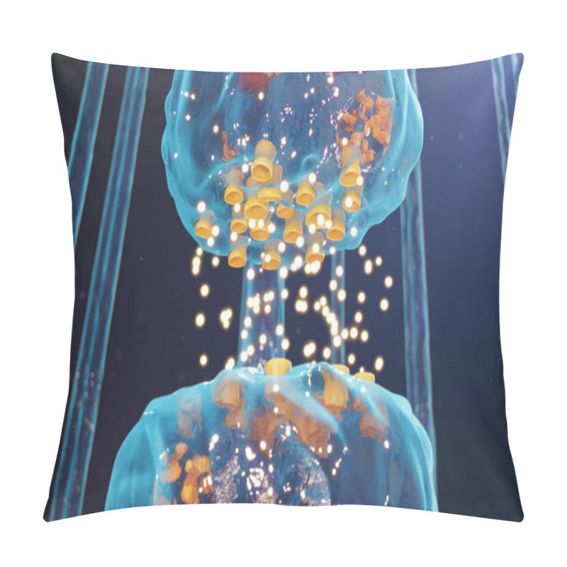 Personality  Synaptic Transmission, Human Nervous System. Concept Consciousness. Brain Synapses. Transmission Synapse, Signals, Impulses In Brain, Information Transfer At The Cellular Or Atomic Level, 3D Rendering Pillow Covers