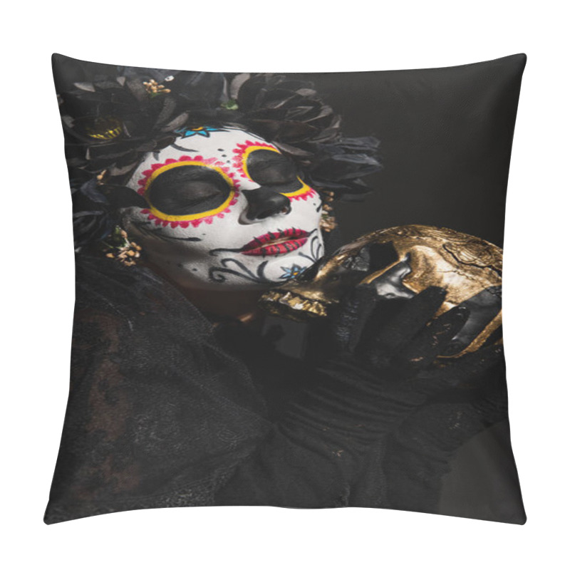 Personality  Woman With Scary Halloween Makeup And Closed Eyes Holding Golden Skull Isolated On Black Pillow Covers