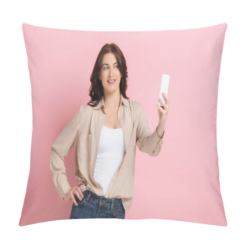 Personality  Beautiful Brunette Woman Taking Selfie With Smartphone On Pink Background, Concept Of Body Positive  Pillow Covers