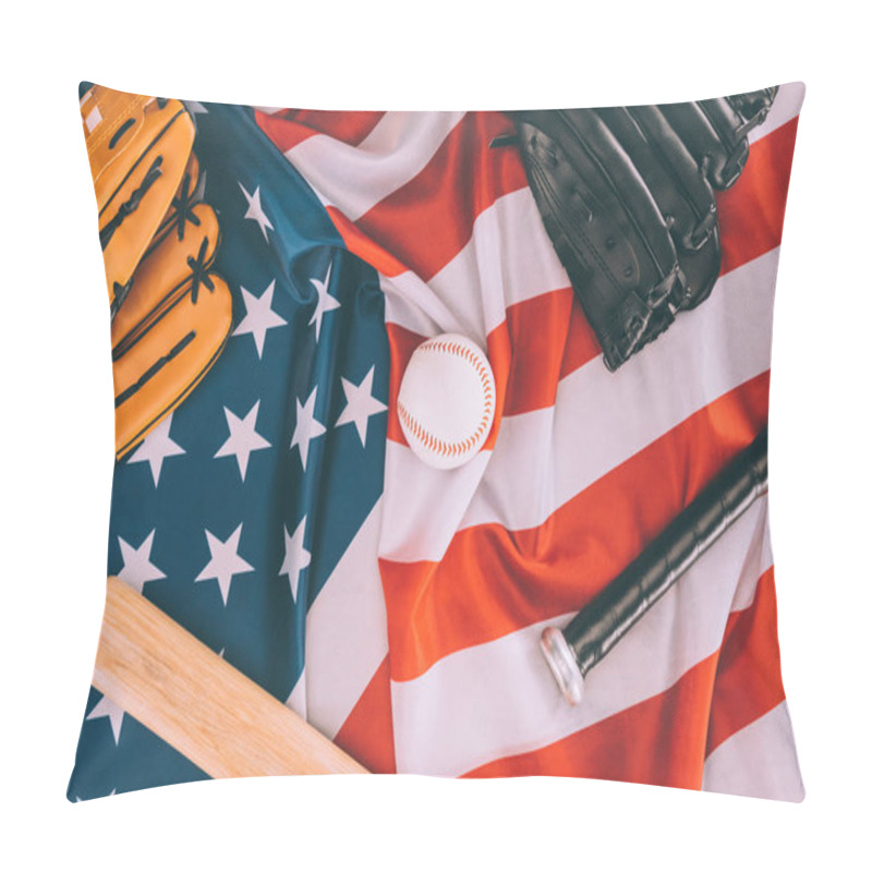 Personality  Top View Of Baseball Ball, Bats And Gloves On American Flag Pillow Covers