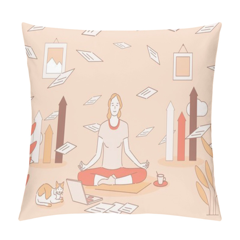 Personality  Woman Sitting In Lotus Pose And Meditating During Deadline Vector Cartoon Outline Illustration. Pillow Covers