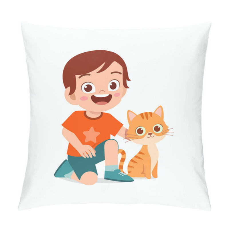 Personality  Happy Cute Little Kid Boy Play With Pet Cat Pillow Covers