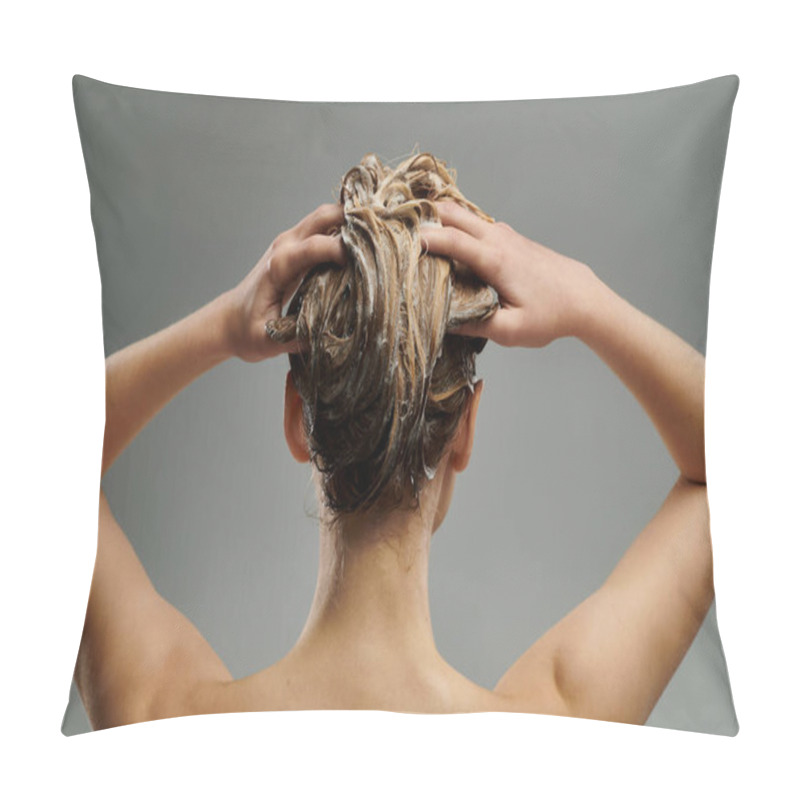 Personality  A Young Woman Demonstrates Her Hair Care Routine With Wet Hair. Pillow Covers