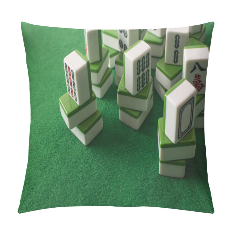 Personality  KYIV, UKRAINE - JANUARY 30, 2019: Stacks Of Mahjong Game Tiles On Green Velour Surface Pillow Covers