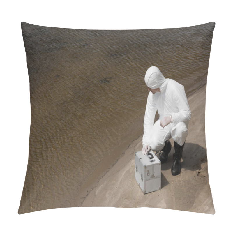 Personality  Water Inspector In Protective Costume With Inspection Kit Sitting On River Coast Pillow Covers