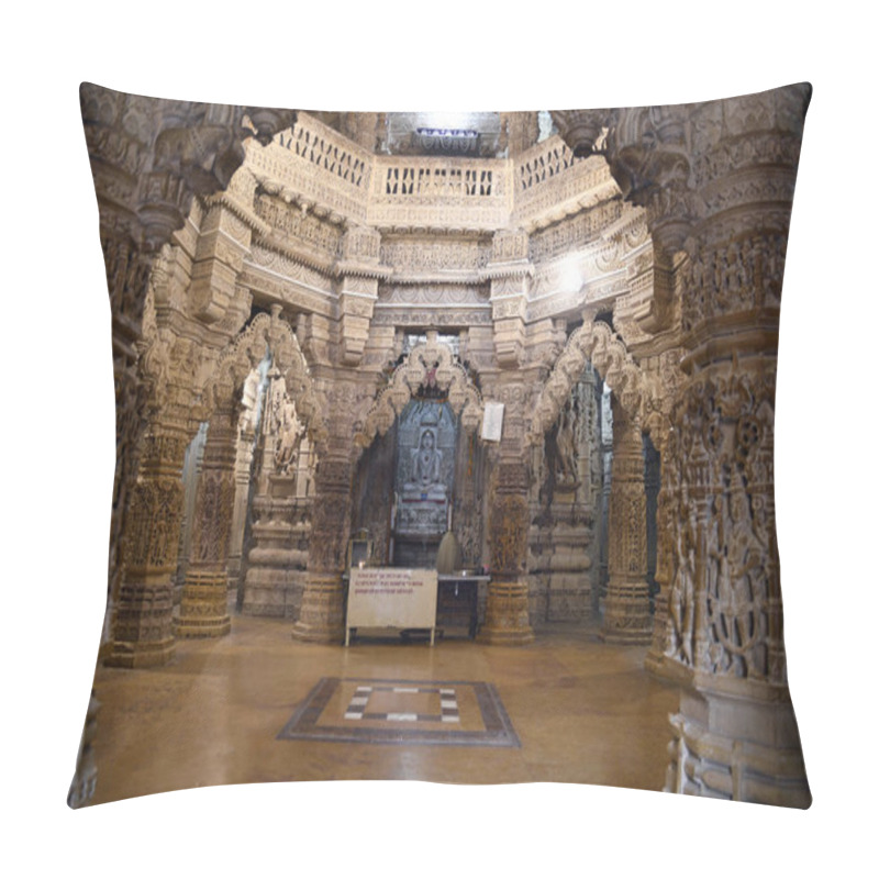 Personality  Shri Mahaveer Jain Temple, Heavily Decorated Columns And Bracketed Arches, Inside Golden Fort, Jaisalmer, Rajasthan, India Pillow Covers