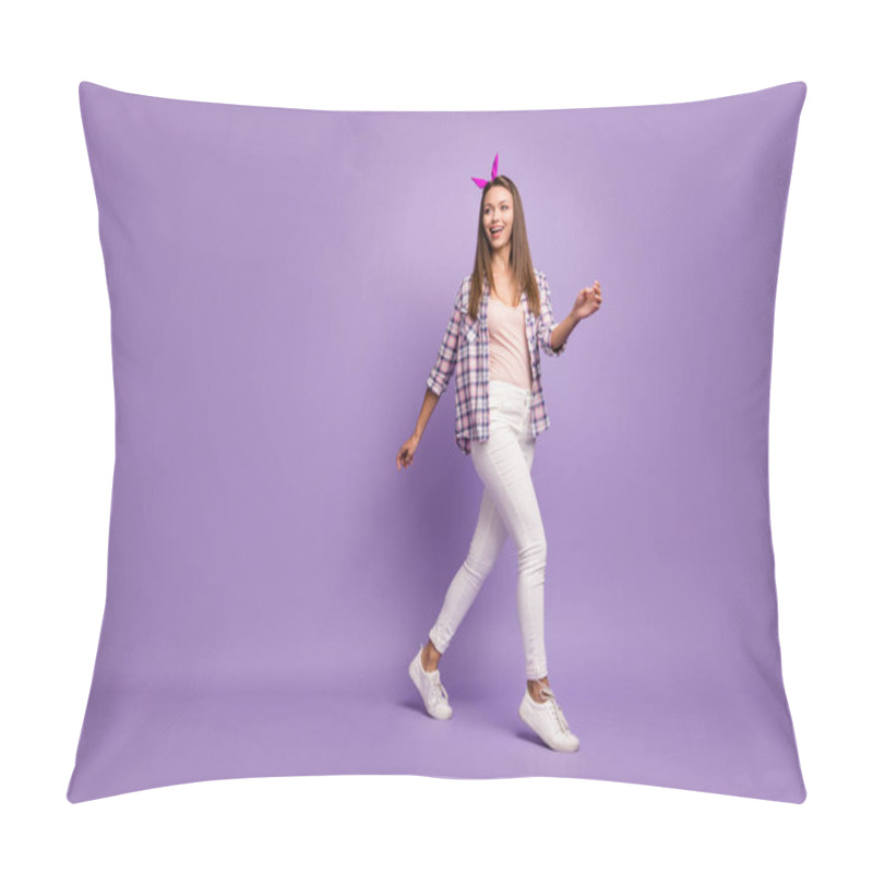 Personality  Full Length Body Size View Of Her She Nice Attractive Lovely Charming Cheerful Cheery Feminine Straight-haired Girl Walking Spending Weekend Isolated Over Violet Purple Lilac Pastel Color Background Pillow Covers