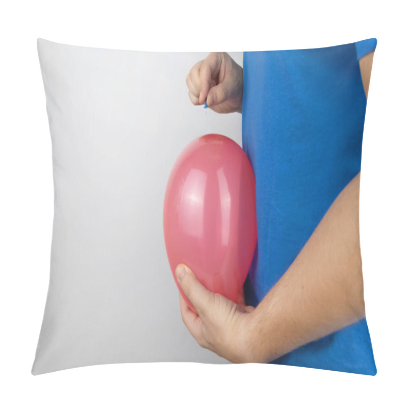 Personality  Conceptual Photography. The Man Holds A Red Ball Near His Belly, Which Symbolizes Bloating And Flatulence. Then He Brings A Needle To It To Burst The Balloon And Thus Get Rid Of The Problem. Pillow Covers