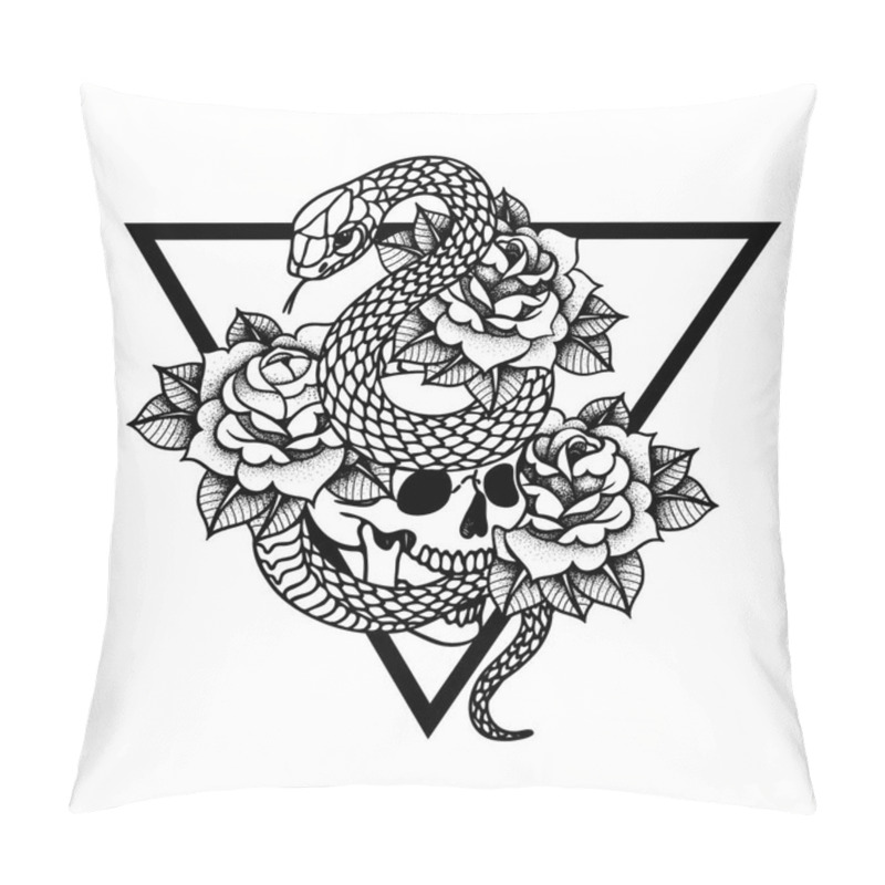 Personality  Tattoo With Roses And Snake, Skull. Traditional Black Dot Style Ink. Pillow Covers