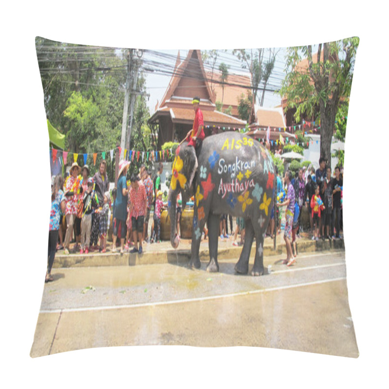 Personality  Songkran Festival Is Celebrated In A Traditional New Year Is Day From April 13 To 15, With The Splashing Water With Elephants In Ayutthaya, Thailand. Pillow Covers