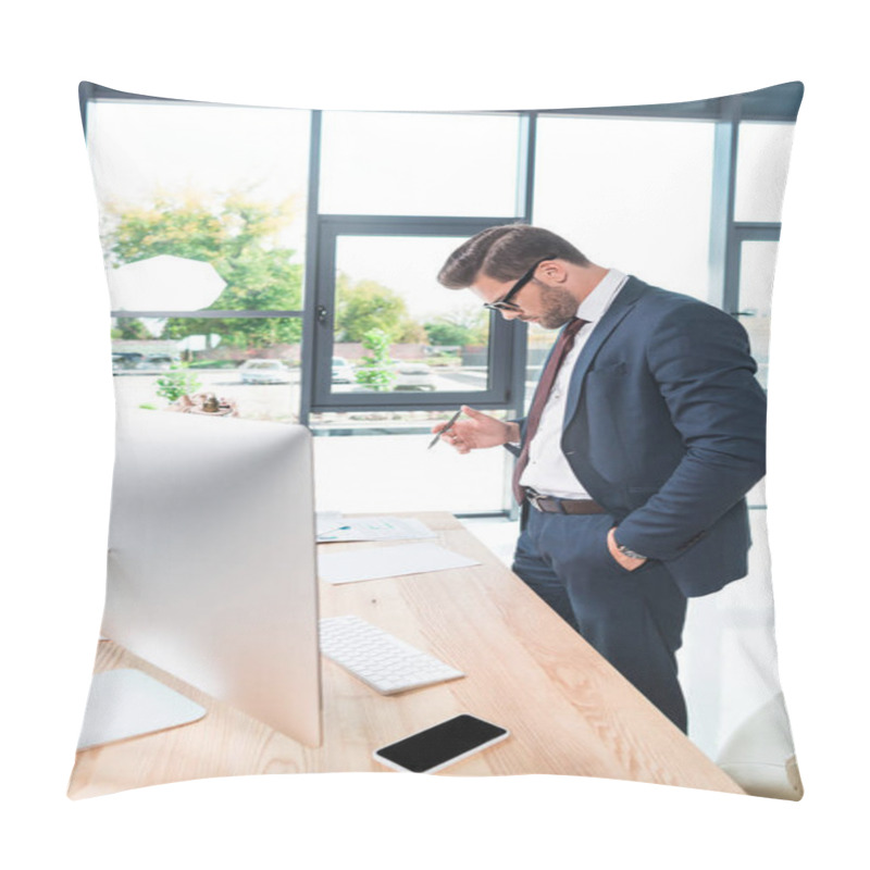 Personality  Businessman Working With Desktop Computer Pillow Covers