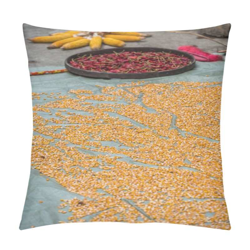 Personality  Vertical Shot Of Dry Red Child Peppers And Loose Corn Seeds Spread On The Ground To Dry  Outside The Rural Chinese Countryside Village Home Pillow Covers