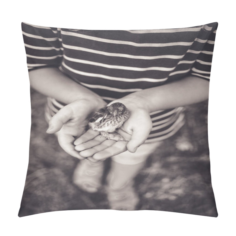 Personality  The Little Bird That Fell From The Nest In The Hands Of A Child. Old Style Monochrome Photo. Pillow Covers