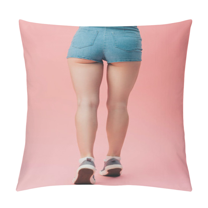 Personality  Back View Of Girl In Denim Shorts On Pink Background Pillow Covers