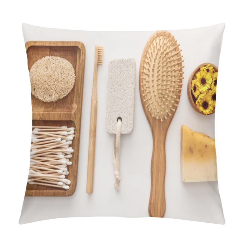 Personality  Flat Lay With Wooden Dish With Cotton Swabs And Loofah Near Toothbrush, Hairbrush, Piece Of Soap, Pumice Stone And Cup With Flowers On White Background Pillow Covers