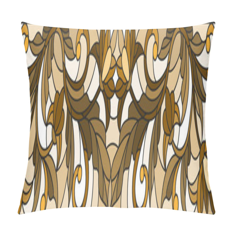 Personality  Illustration In Stained Glass Style With Abstract  Swirls ,flowers And Leaves  On A Light Background,horizontal Orientation, Sepia Pillow Covers