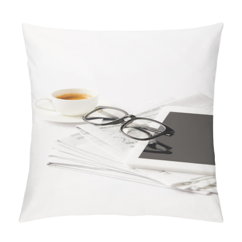 Personality  Eyeglasses And Digital Tablet On Pile Of Newspapers And Coffee Cup, On White Pillow Covers