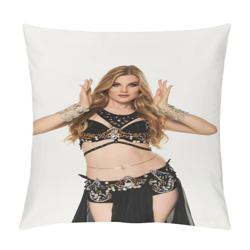 Personality  Young Woman Mesmerizes In Vibrant Belly Dance Attire, Gracefully Moving To Traditional Music. Pillow Covers