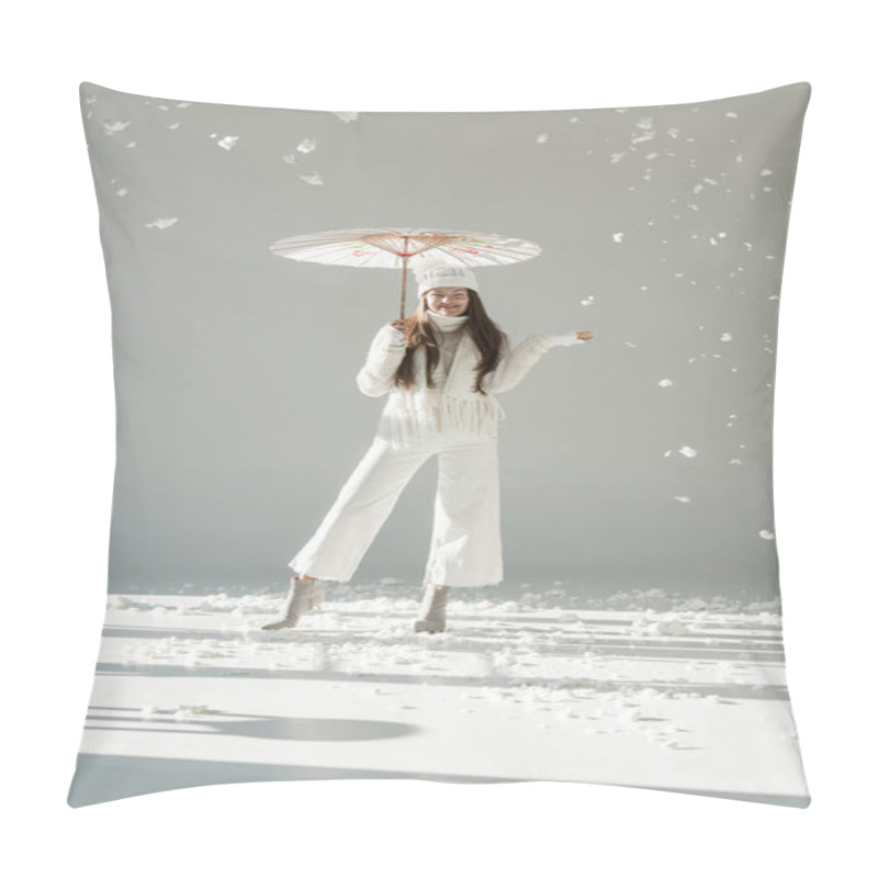 Personality  Happy Woman In Fashionable Winter Sweater And Scarf Standing Under Japanese Umbrella, Snow Falling On White Pillow Covers