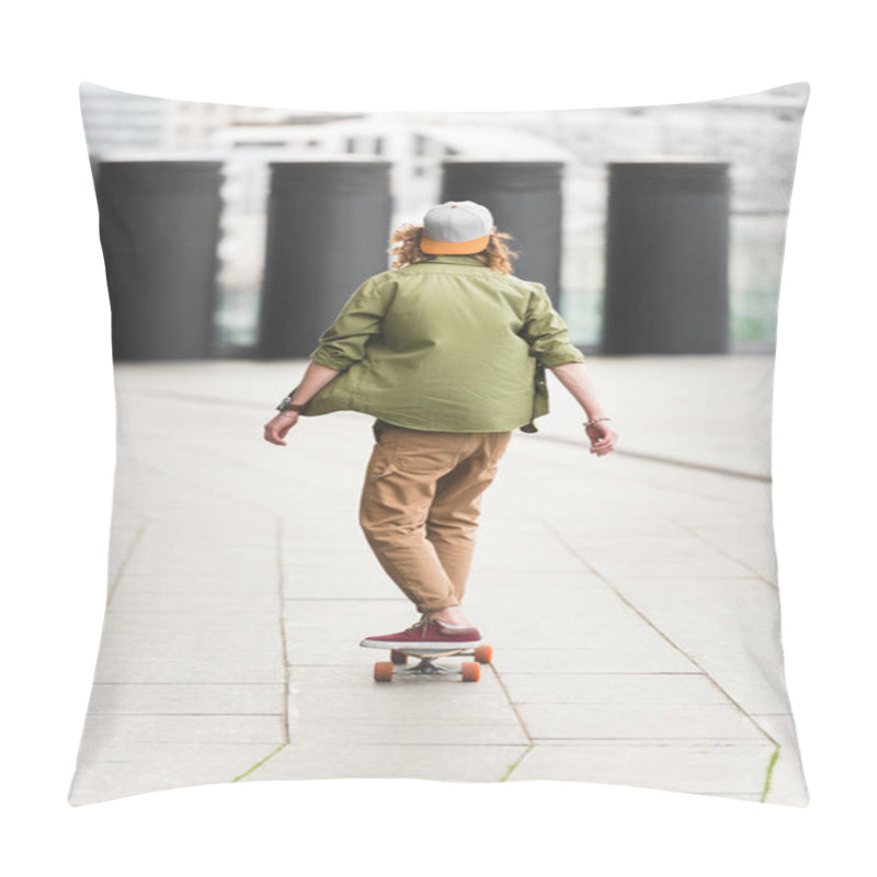 Personality  Back View Of Man Riding On Skateboard At Rooftop Pillow Covers