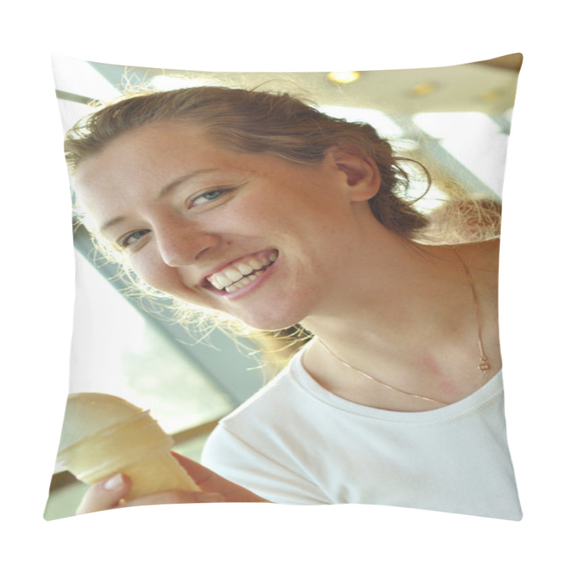 Personality  Woman With Ice-cream In Cafe Pillow Covers