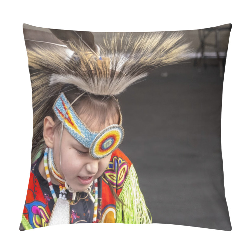 Personality  Calgary, Alberta, Canada. Jun 27, 2023.. A Medium Shot Of A Indigenous Kid Talent Showcase Wearing A Yellow Traditional Cloths During The Public Event. Pillow Covers