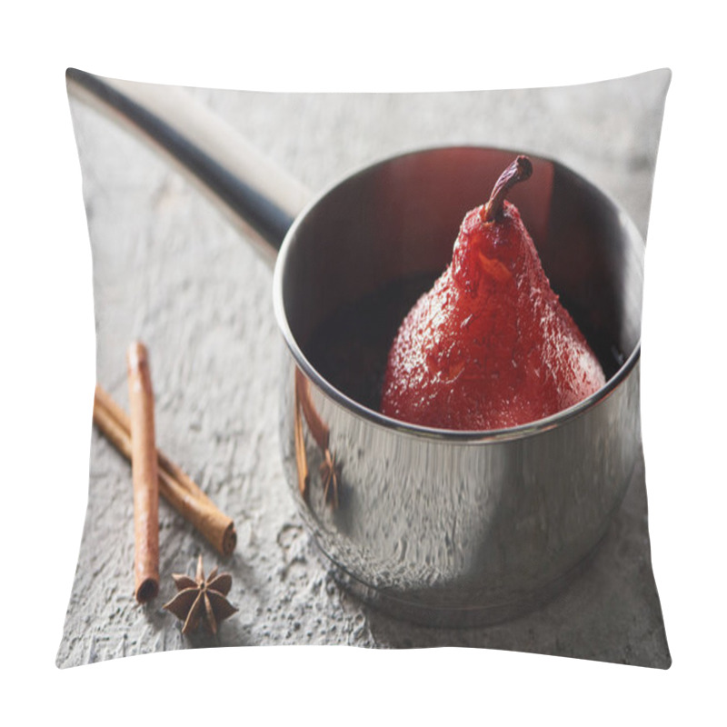 Personality  Selective Focus Of Delicious Pear In Wine In Stewpan Near Cinnamon And Anise On Grey Concrete Surface Pillow Covers