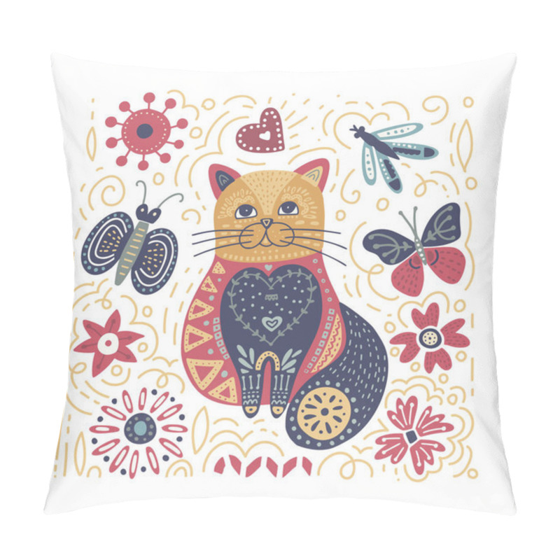 Personality  Folk Art Vector Cat Illustration. Pillow Covers