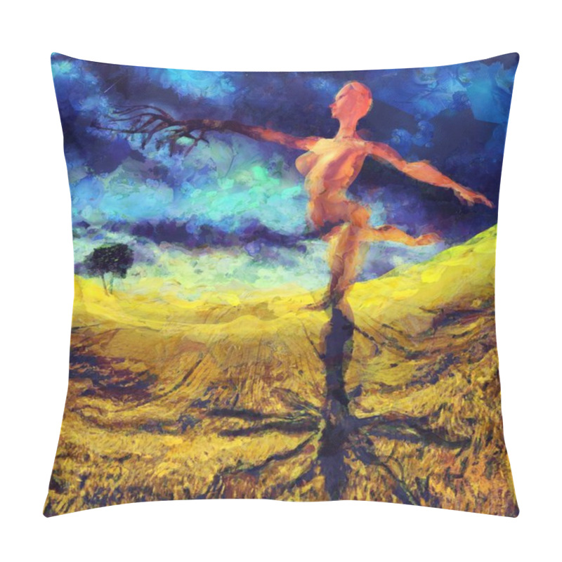 Personality  Surreal Painting. Figure Of A Naked Woman In Dance Pose Rooted To The Ground, One Of Her Hand Like A Tree Branch. Pillow Covers