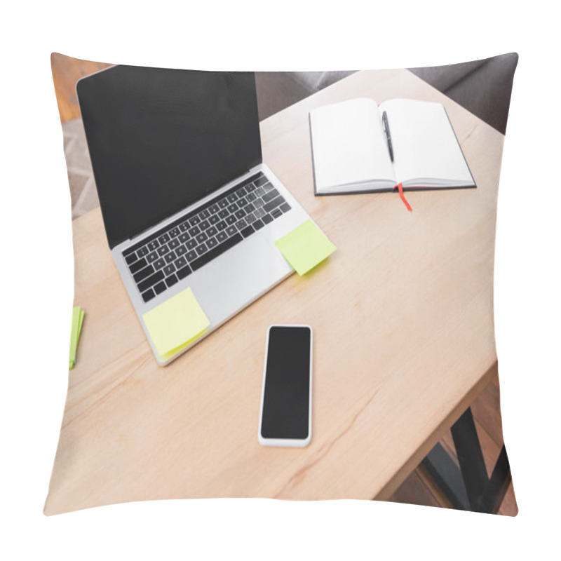 Personality  High Angle View Of Mobile Phone And Laptop With Blank Screen Near Sticky Notes And Notebook On Desk Pillow Covers