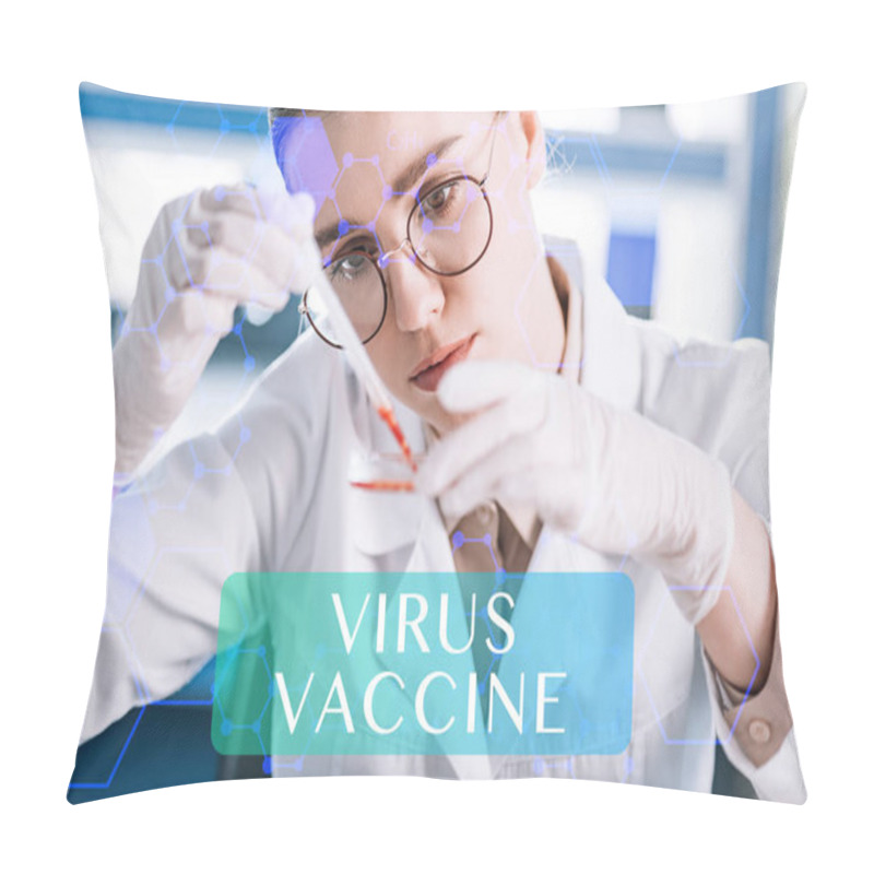 Personality  Selective Focus Of Attractive Immunologist Holding Pipette With Red Liquid In Laboratory, Virus Vaccine Illustration Pillow Covers