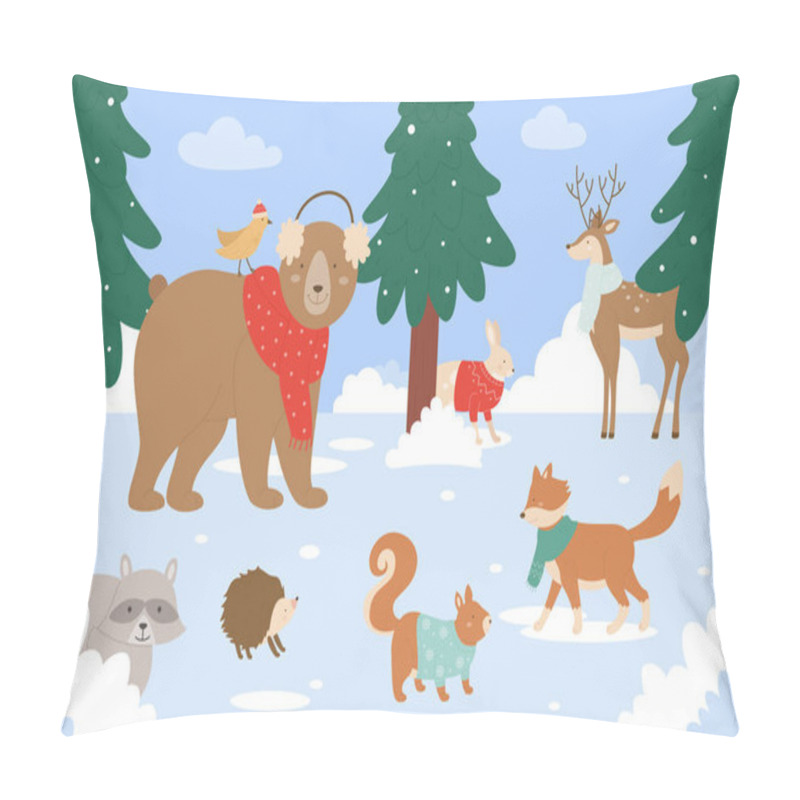 Personality  Animals In Winter Forest, Cartoon Cute Animalistic Characters In Scarf Or Sweater Standing Together Pillow Covers