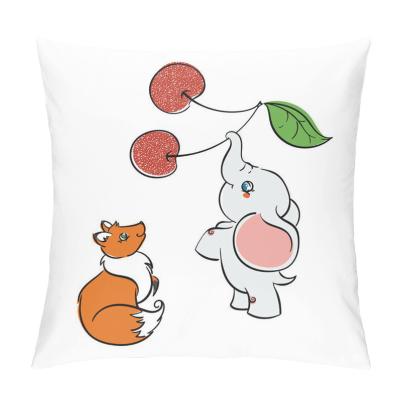 Personality  Cute Friendly Animals. Fox And Elephant With Cherry. Pillow Covers