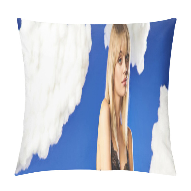 Personality  Blonde Woman In Vibrant Attire Poses Among Fluffy Clouds In A Blue Sky. Pillow Covers