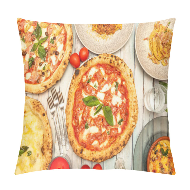 Personality  Top View Of Composition With Assorted Pizzas, Pasta With Bacon, Tomatoes, Forks And Glass Of Water On White Background Pillow Covers