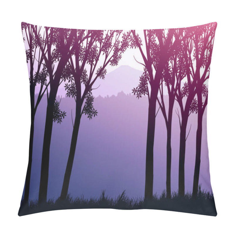 Personality  Natural Forest Mountains Horizon Hills Silhouettes Of Trees. Evening Sunrise And Sunset. Landscape Wallpaper. Illustration Vector Style. Colorful View Background. Pillow Covers