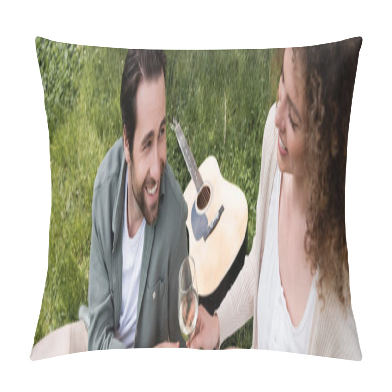 Personality  High Angle View Of Happy Curly Woman Passing Glass Of Wine To Boyfriend During Summer Picnic, Banner Pillow Covers