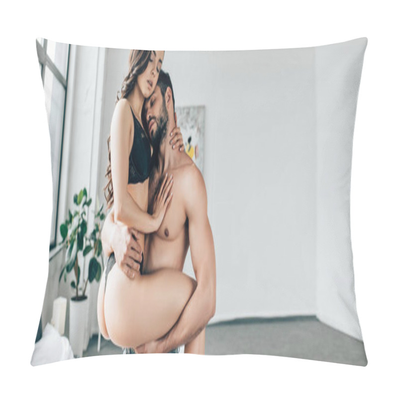 Personality  Panoramic Shot Of Shirtless Handsome Man Holding In Arms Sexy Woman With Closed Eyed Pillow Covers