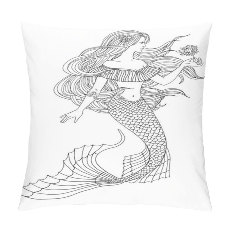 Personality  Hand Drawn Mermaid Holding A Flower, On White Background, Linen Vector Illustration For Coloring Book. Pillow Covers