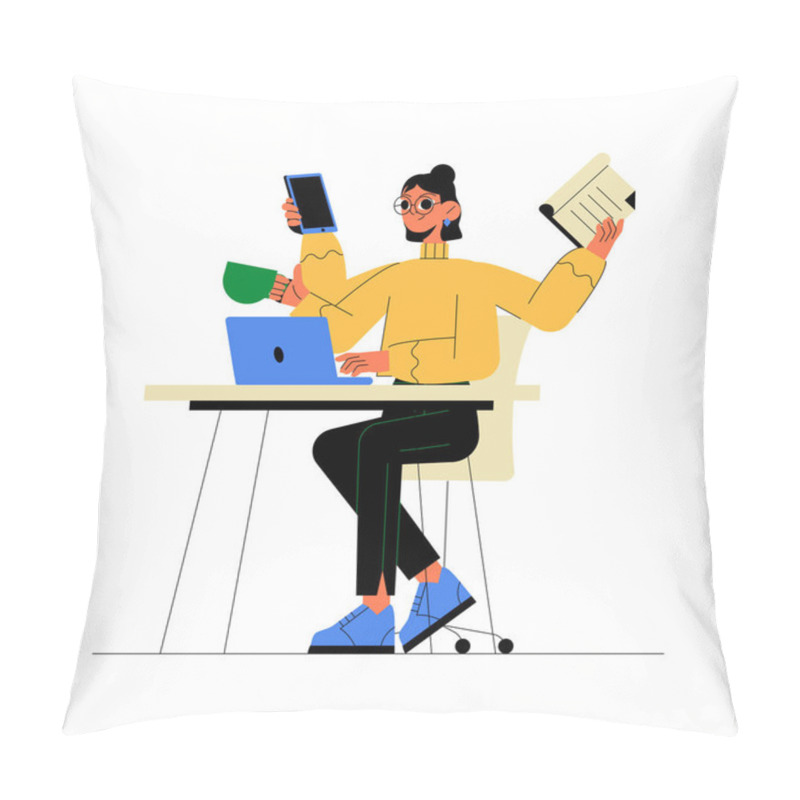 Personality  A Female Character Multitasking With A Laptop, Holding Documents, A Phone, And A Coffee Cup, Symbolizing Productivity And Work Life Balance In An Office Setting. Pillow Covers