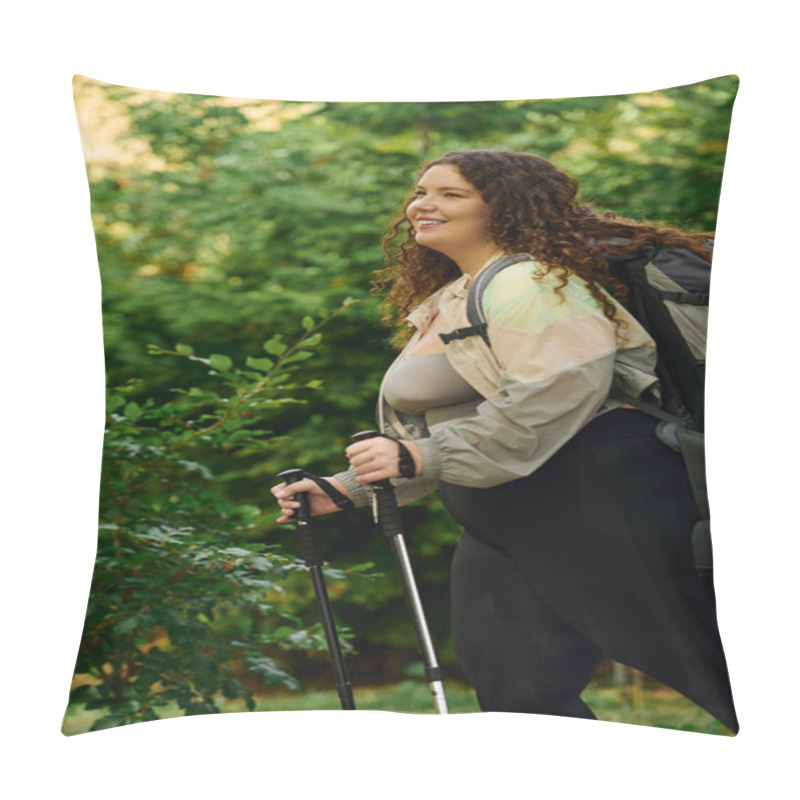 Personality  A Joyful Plus Size Woman Walks Through A Vibrant Nature Forest, Enjoying Her Outdoor Adventure. Pillow Covers