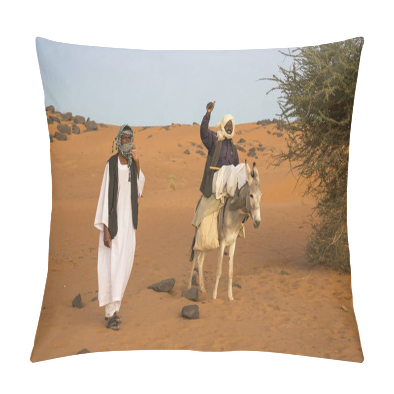 Personality  Meroe Pyramids, Sudan- 19th December, 2015: People Donkey In A Desert Pillow Covers