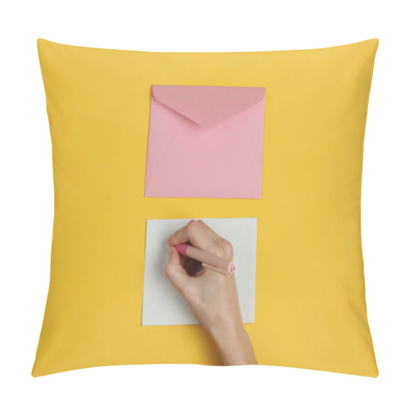 Personality  Female Hand Writes A Letter With A Pen On Yellow Background. Wedding Invitations, Love Letter, Valentine. Top View Pillow Covers