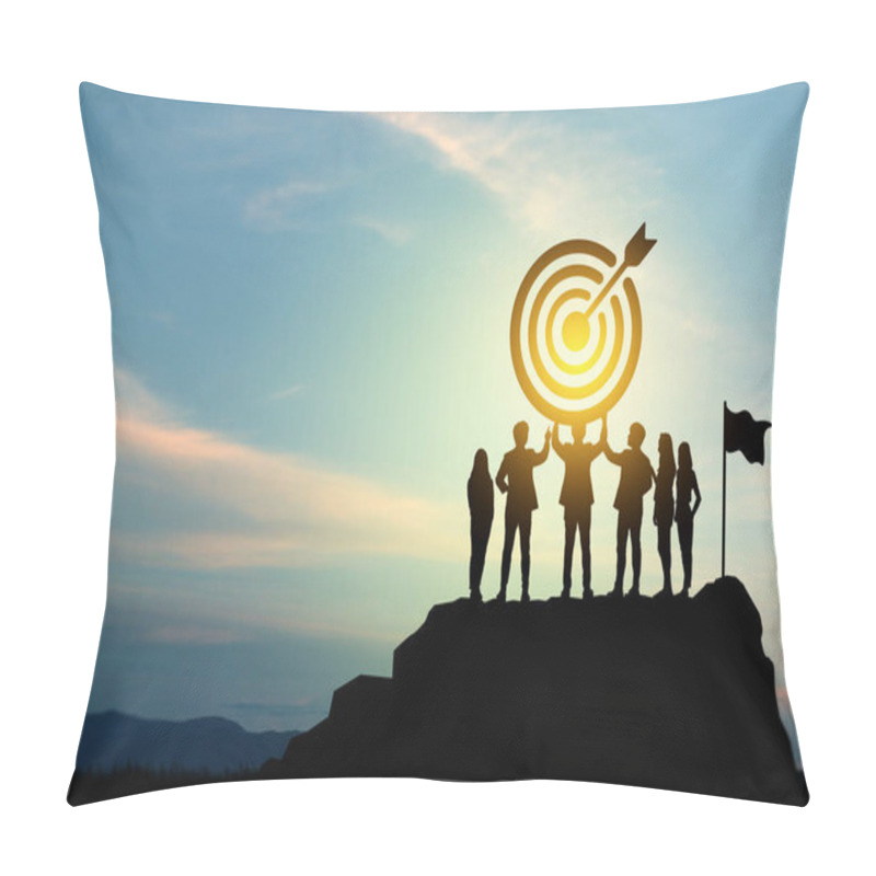 Personality  Goal Setting Towards Planning For The Future. Silhouettes Of Group Businessmen Holding Target Boards With Flags Planted On A Mountain. Concept Of A Clear Planning Process And Teamwork. Pillow Covers