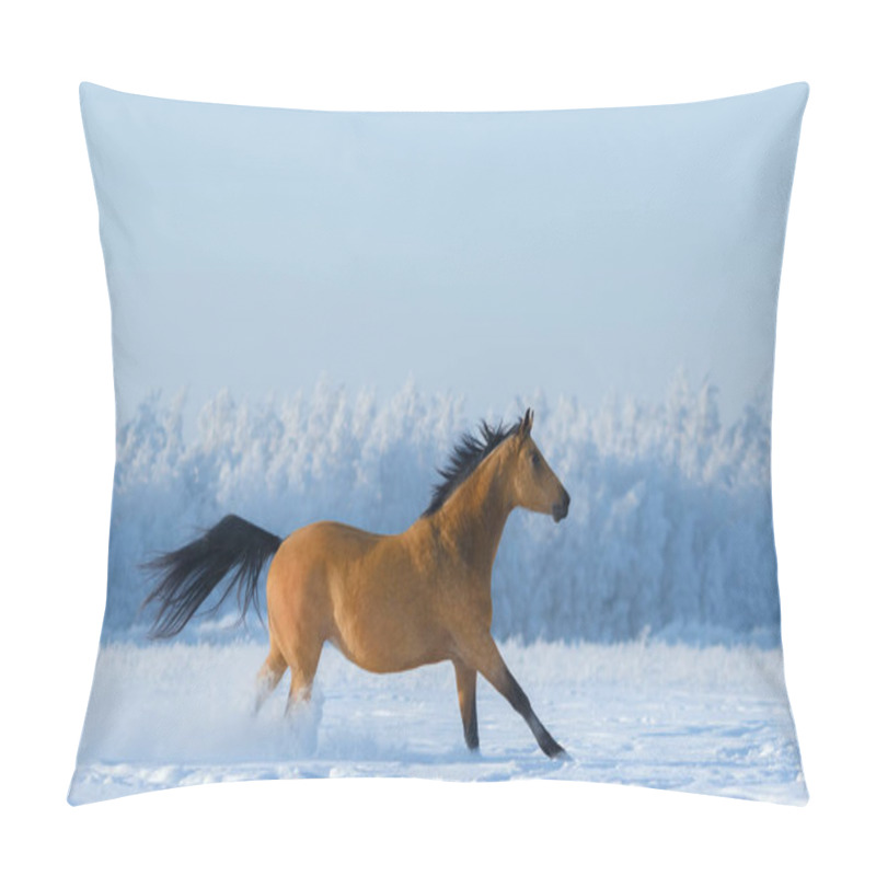 Personality  Chestnut Horse Running Across Snowy Field.  Pillow Covers