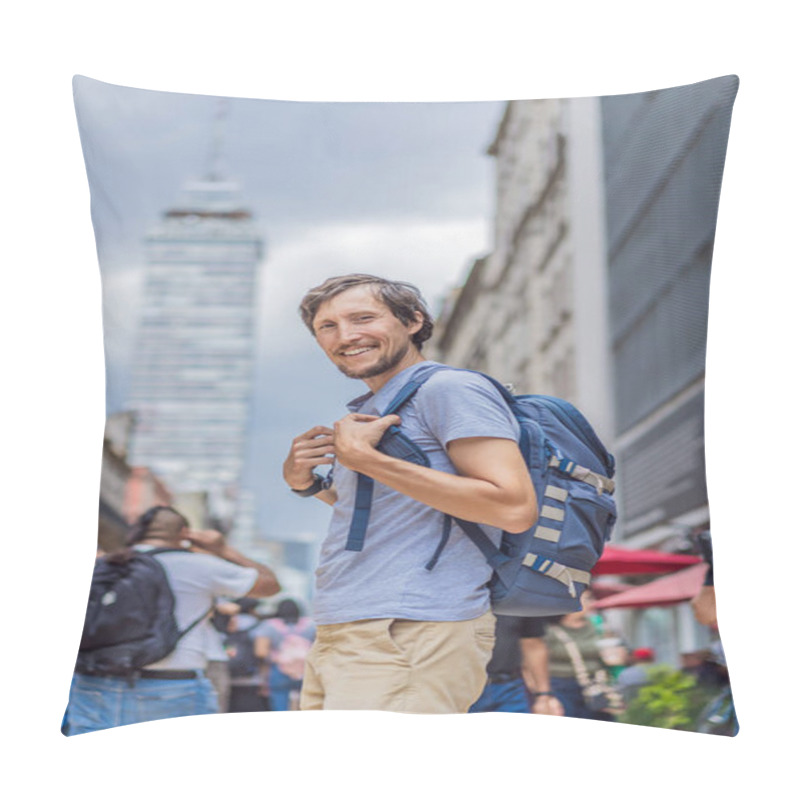 Personality  Male Tourist Exploring Latin American Tower In Mexico City. Iconic Skyscraper, Historic Architecture, And Urban Exploration. Pillow Covers