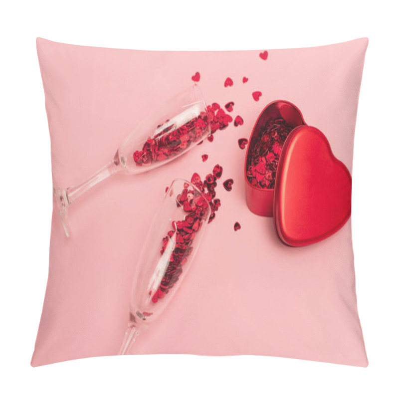 Personality  High Angle View Of Champagne Glasses With Confetti Hearts Near Metallic Heart-shaped Box On Pink Pillow Covers