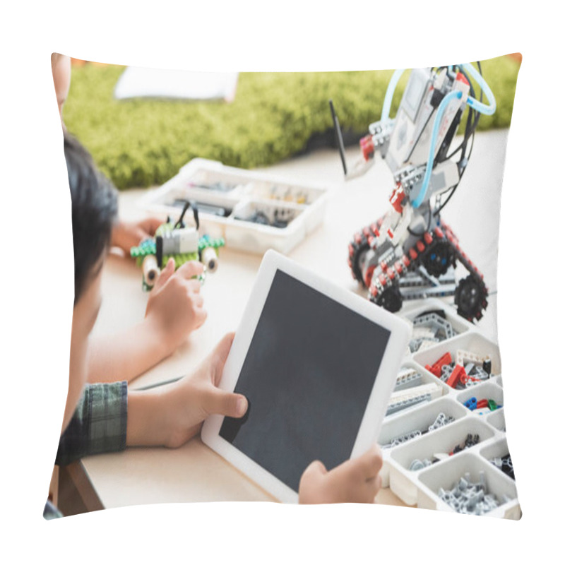 Personality  Selective Focus Of Multiethnic Pupils Using Digital Tablet While Constructing Robot In Classroom  Pillow Covers